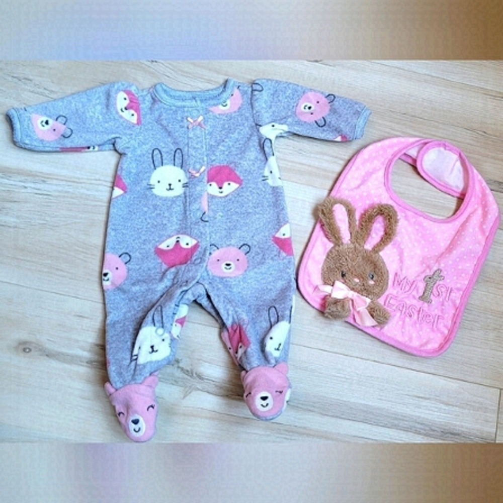 Easter Bunny onesie and baby bib set newborn pink grey carters